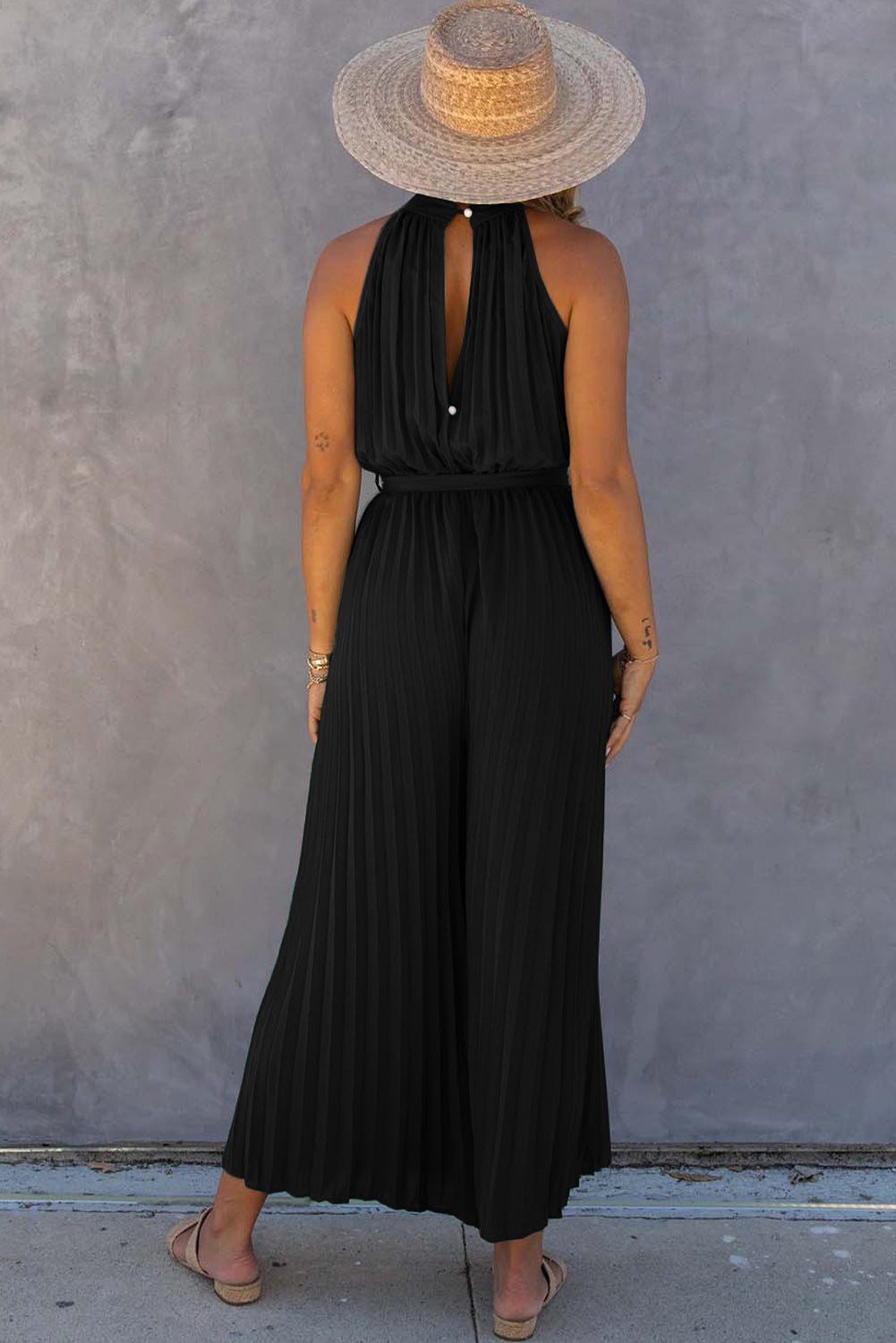 Black Elegant Halter Neck Belted Pleated Wide Leg Jumpsuit