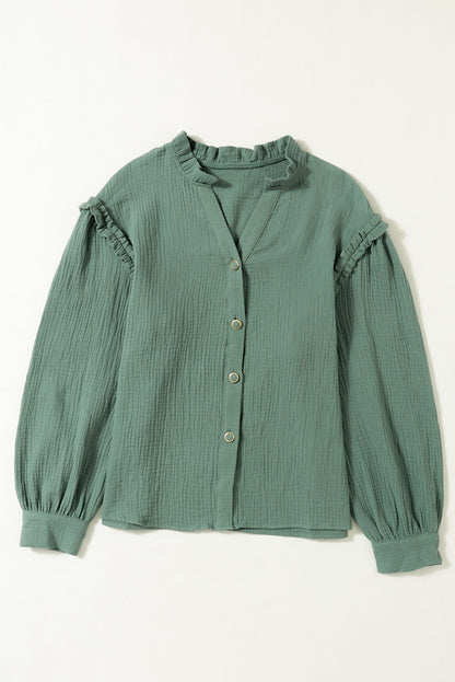 Green Frilled Split Neck Crinkled Shirt