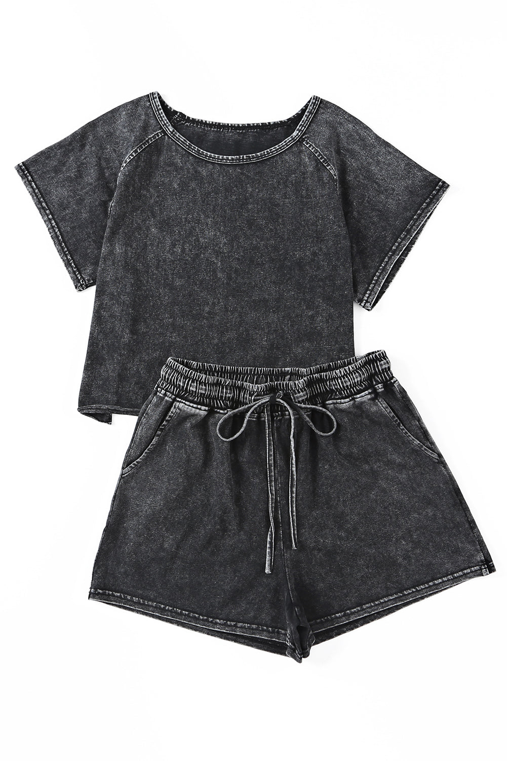 Black Acid Washed T Shirt & Drawstring Short Loungewear Set