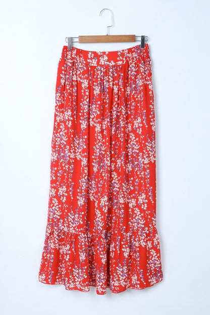 Fiery Red Multicolor Floral Ruffled Crop Top and Maxi Skirt Set