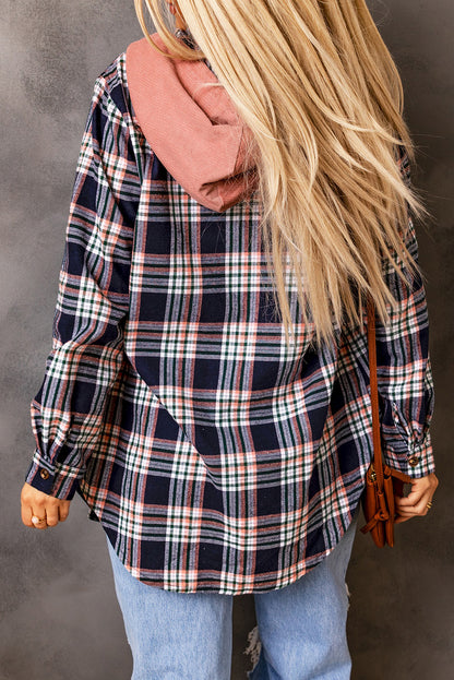 Pink Contrast Hooded Drawstring Plaid Shacket