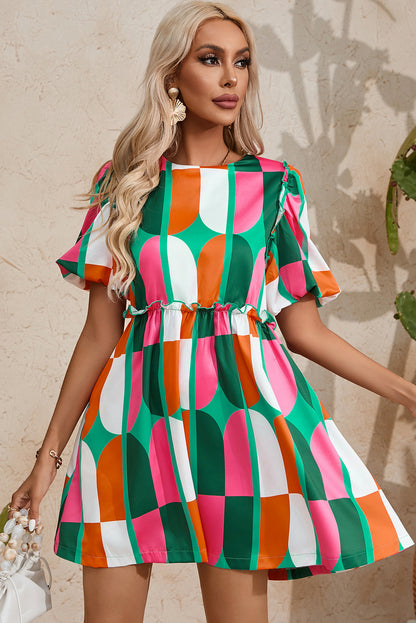 Green Abstract Print Puff Sleeve Short Dress