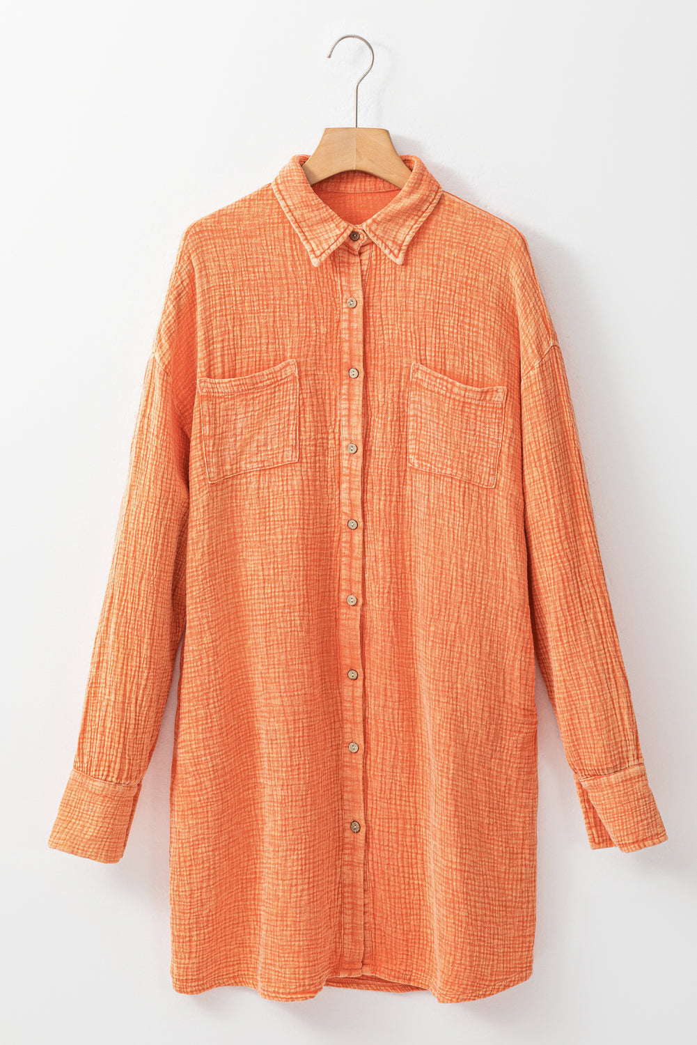 Orange Crinkled Dual Chest Pocket Oversized Shirt Dress