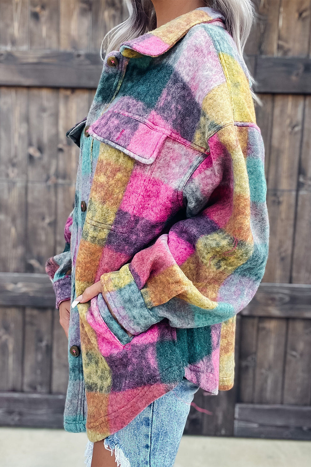 Multicolor Brushed Plaid Pocketed Oversize Shacket