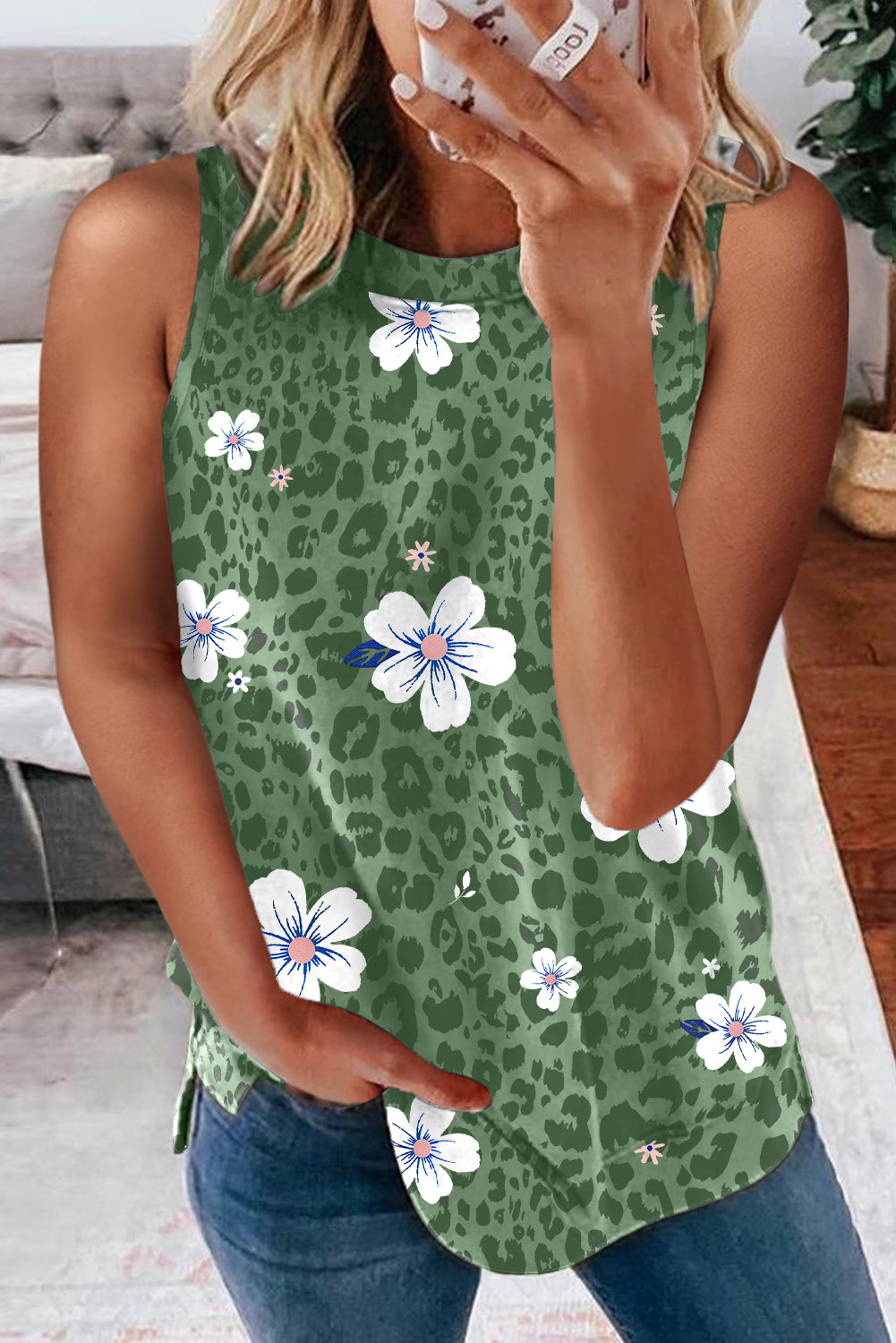 Green Crew Neck Floral Leopard Print Tank Top