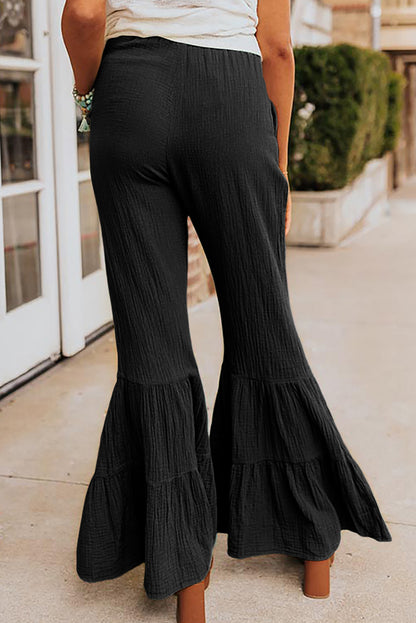 Black Plain Cotton Tiered Ruffle Flare High Waisted Pants