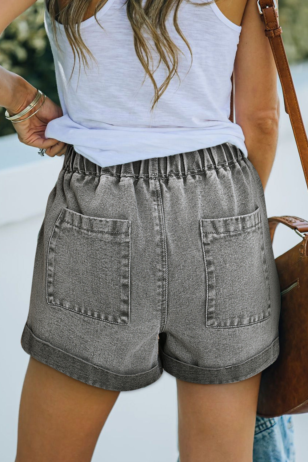 Gray Pocketed Drawstring High Waist Denim Shorts