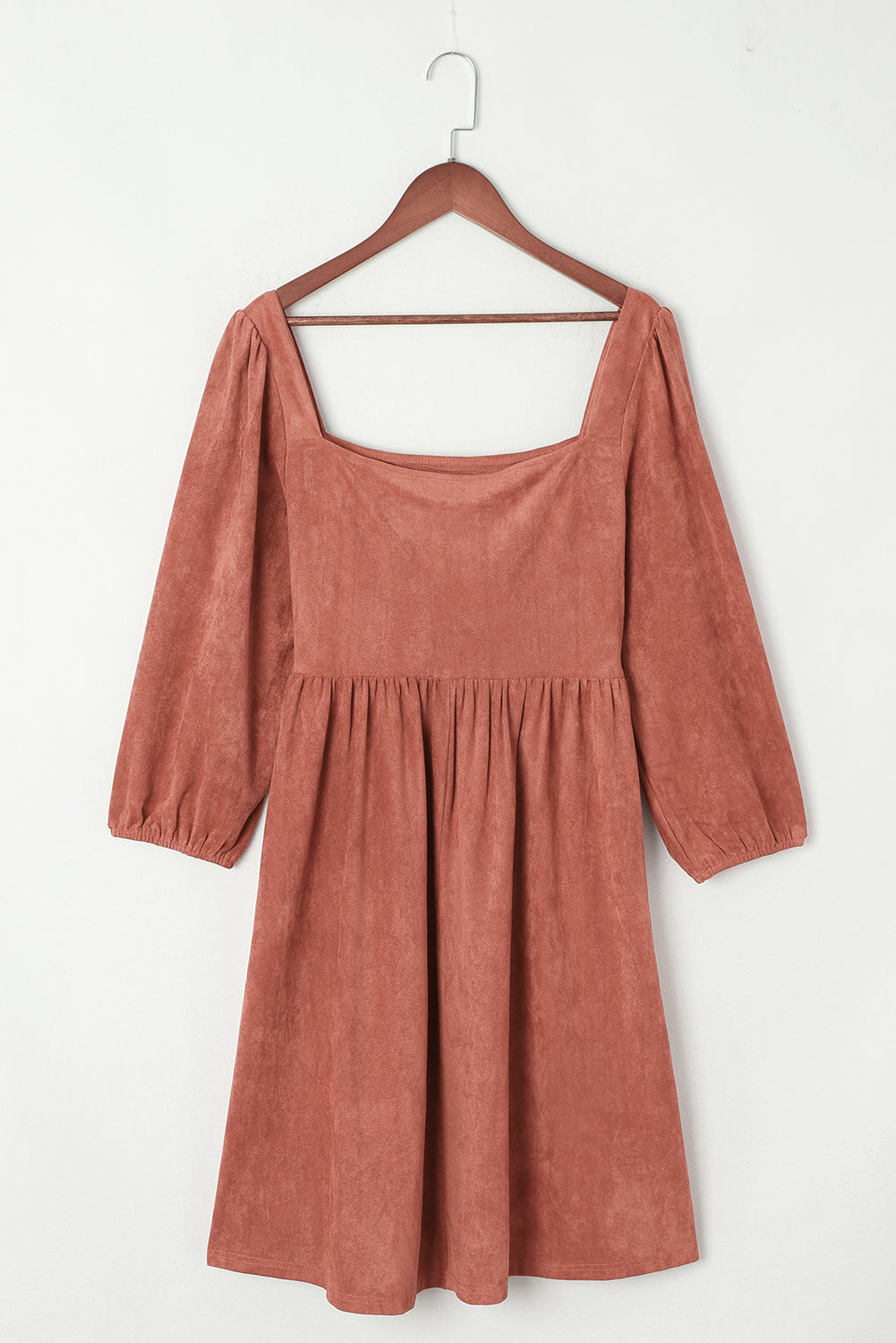 Brown Suede Square Neck Puff Sleeve Dress