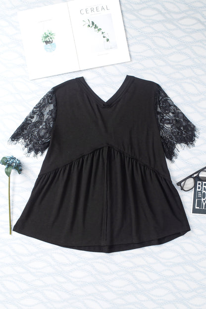 Black Eyelash Lace Sleeve V Neck Ruffle Babydoll Top