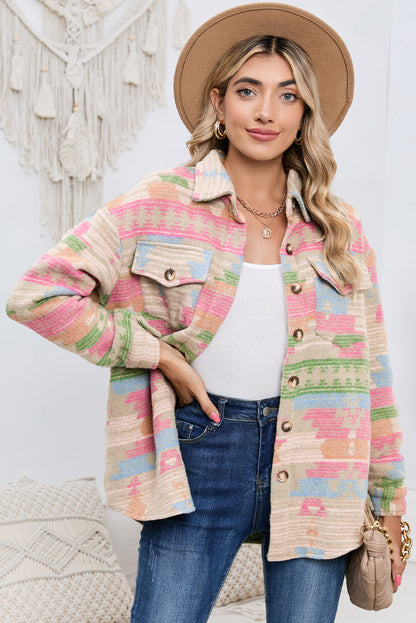 Multicolor Button Up Flap Pockets Geometric Jacket for Women