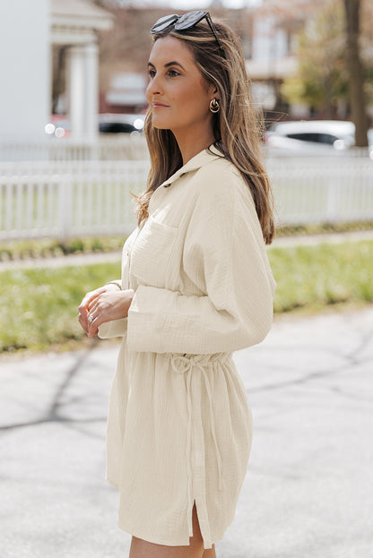 Beige Button Pockets Drawstring Waist Dress