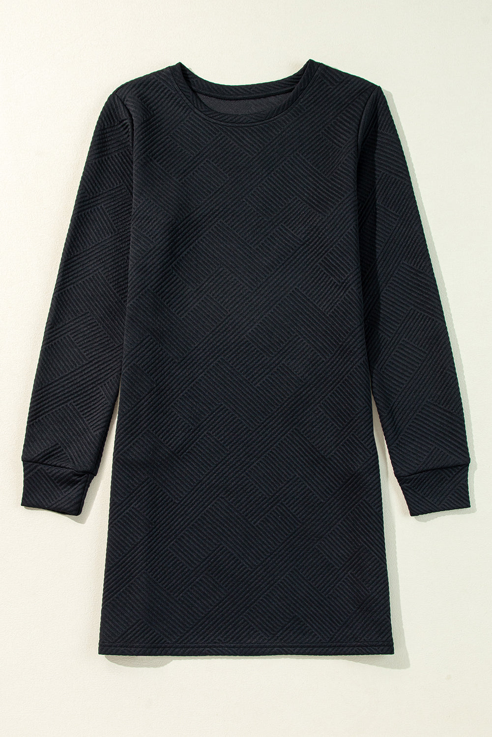 Black Solid Color Textured Long Sleeve Shift Dress