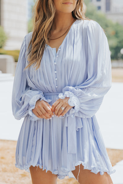 Sky Blue Pleated Ruffled Tie Waist Buttons V Neck Romper