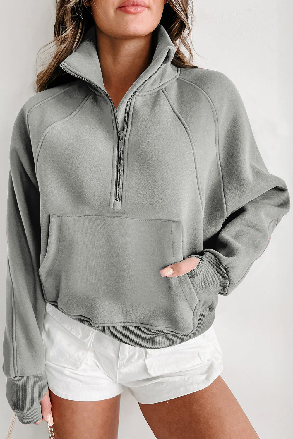 Gray Fleece Lined Zip Up Stand Collar Thumbhole Sleeve Sweatshirt