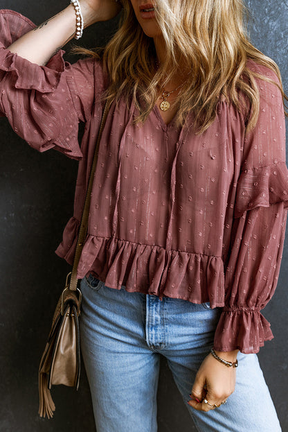 Fiery Red Swiss Dot Lace up V Neck Ruffled Blouse