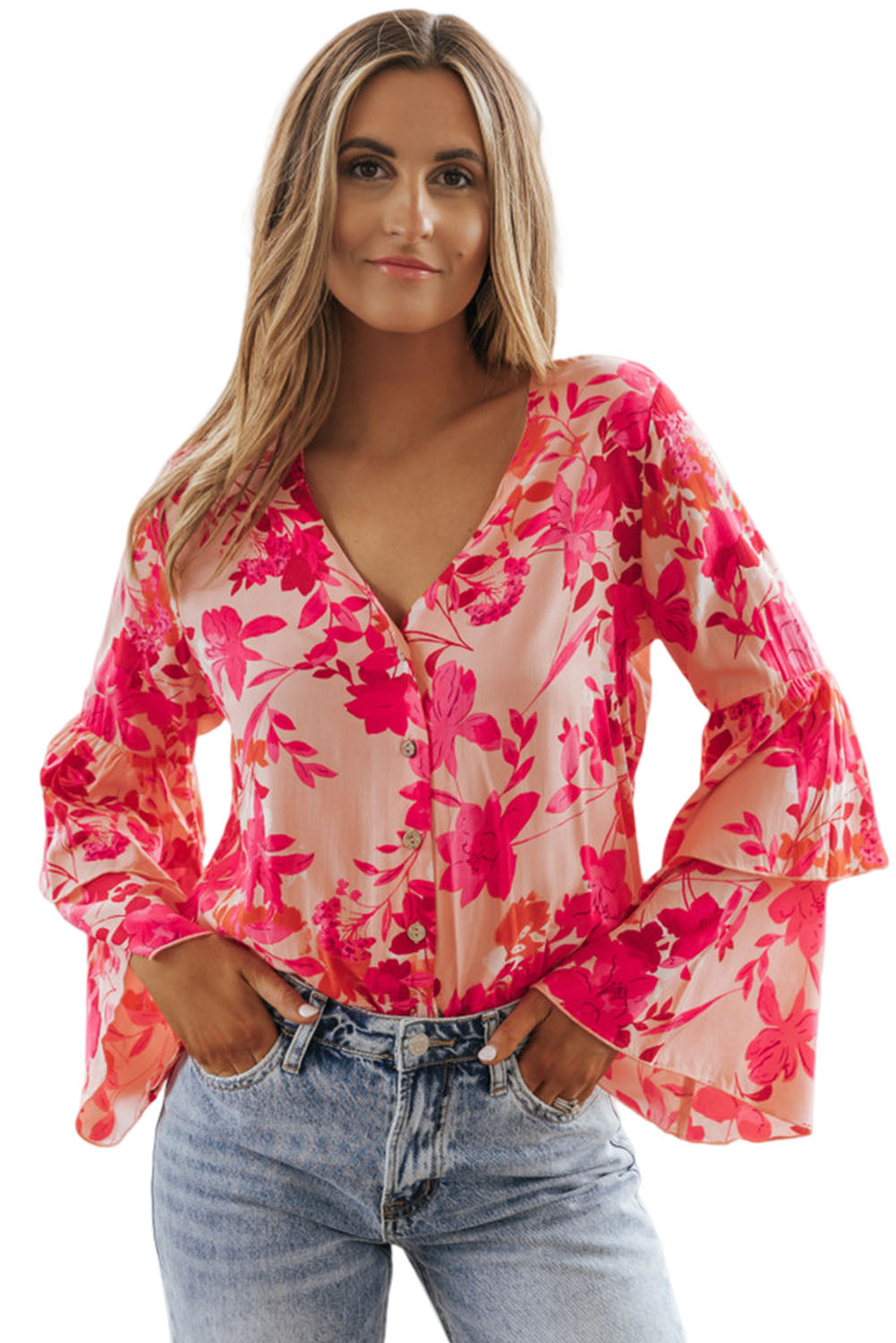 Pink Floral Print Tiered Bell Long Sleeve Buttoned Bodysuit