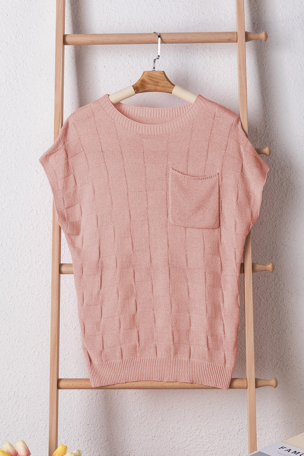 Dusty Pink Lattice Textured Knit Short Sleeve Sweater