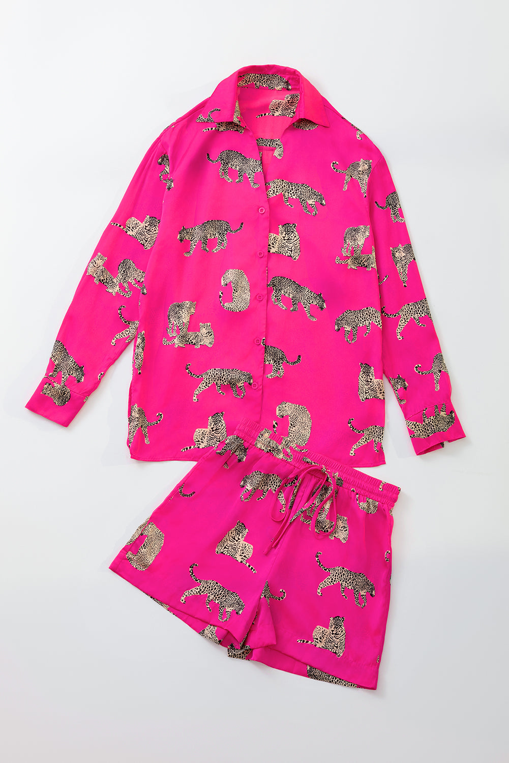 Strawberry Pink Cheetah Print Satin Shirt and Shorts Lounge Set