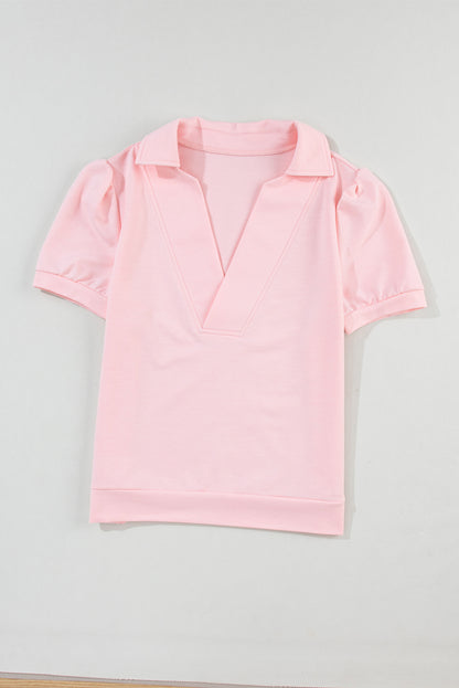 Pink Collared V Neck Puff Sleeve T-shirt