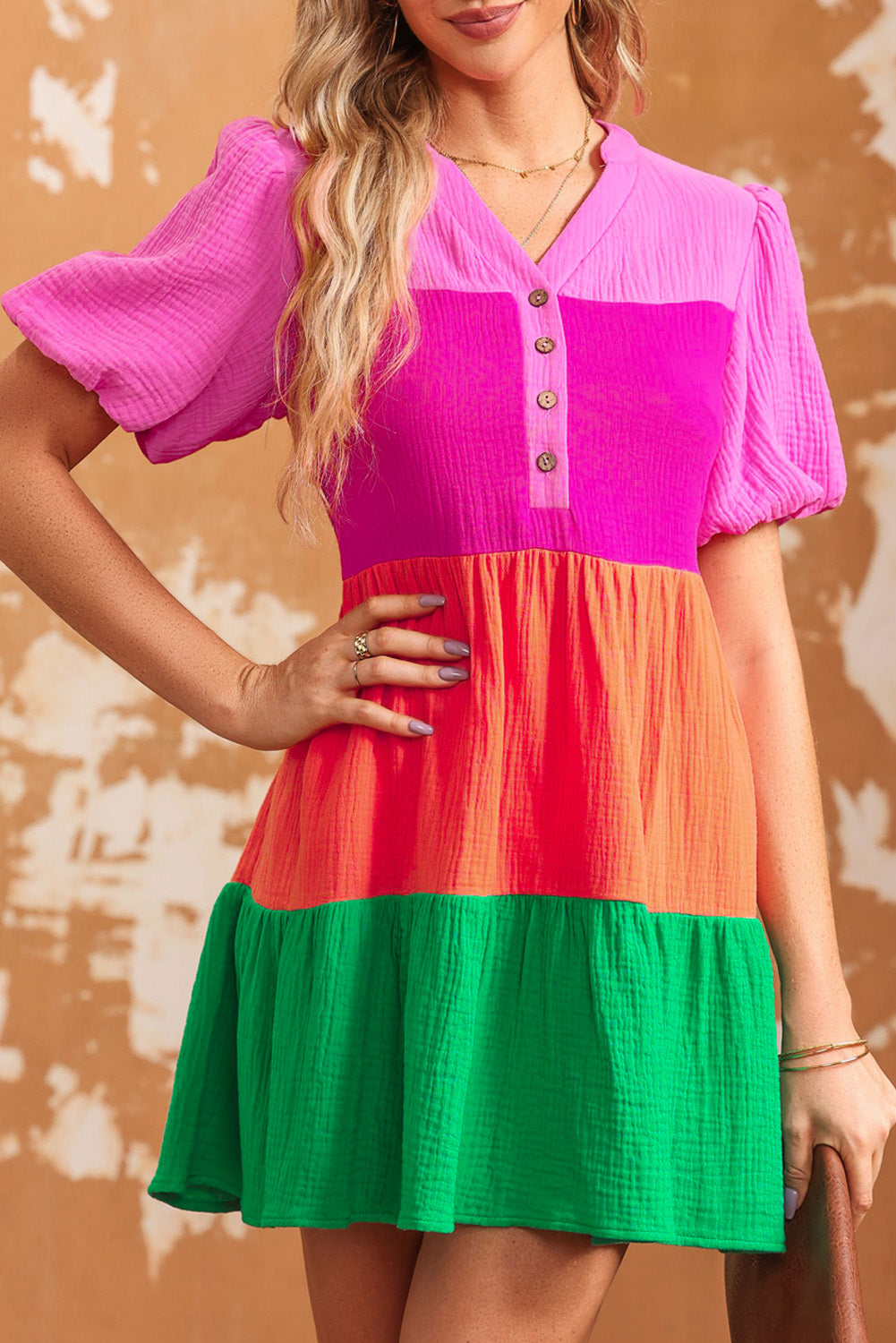 Multicolor Color Block Tiered Puff Sleeve Dress