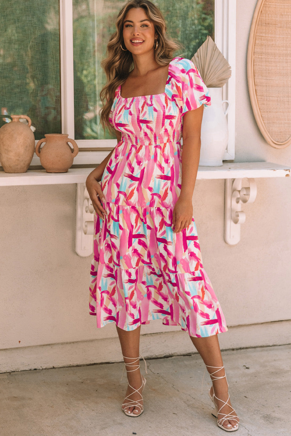 Pink Brush Stroke Printed Smocked Ruffle Tiered Dress