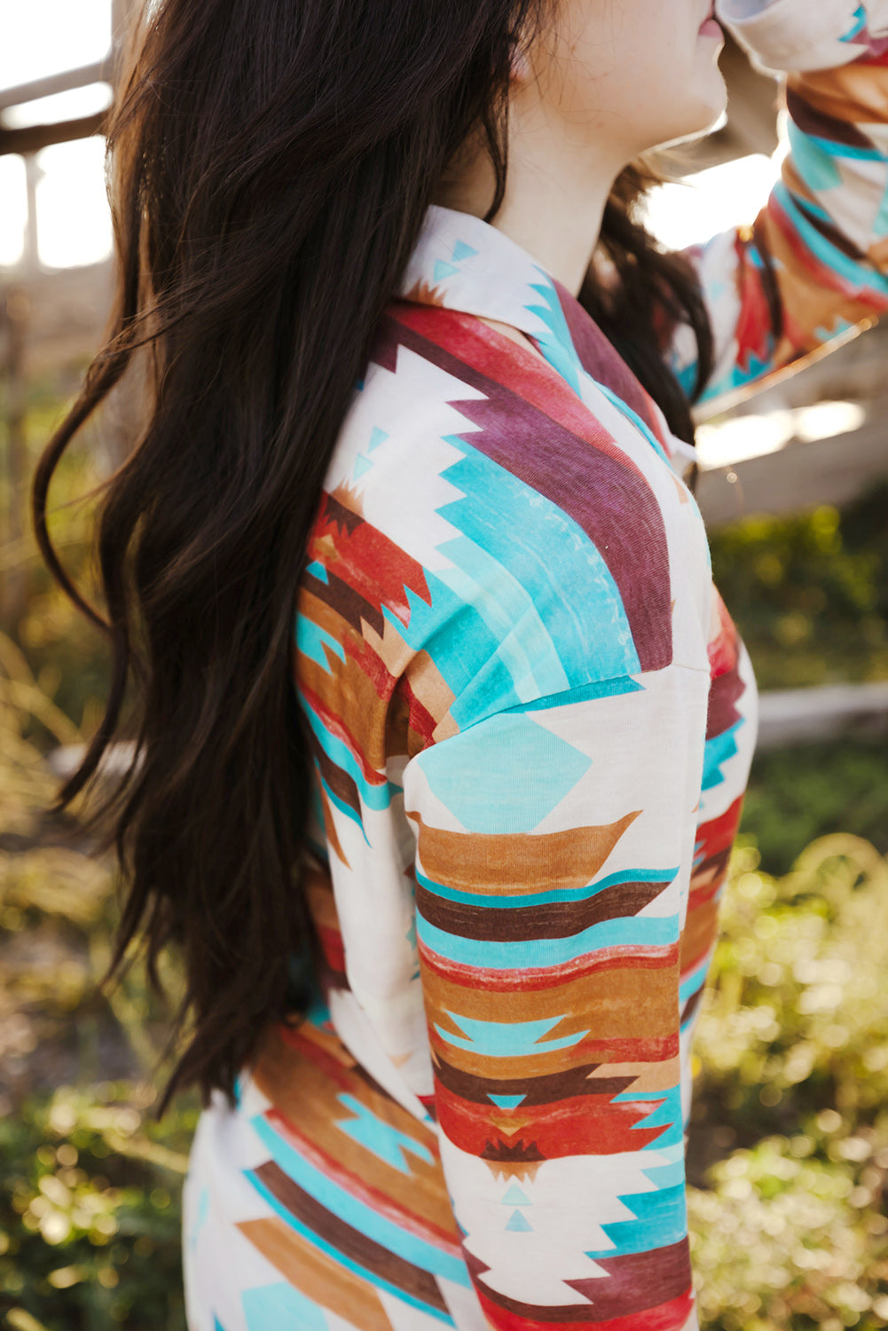 Multicolor Aztec Print Buttoned Pocket Chest Long Sleeve Shirt