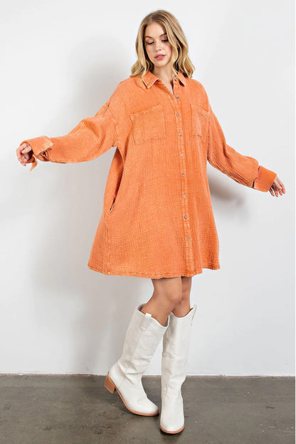 Orange Crinkled Dual Chest Pocket Oversized Shirt Dress