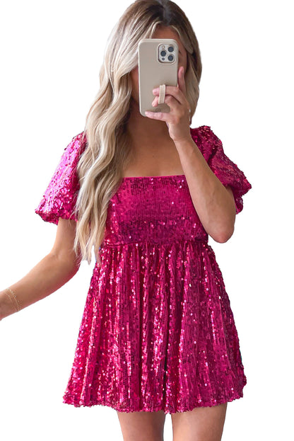 Rose Red Short Puff Sleeve Sequin Babydoll Romper