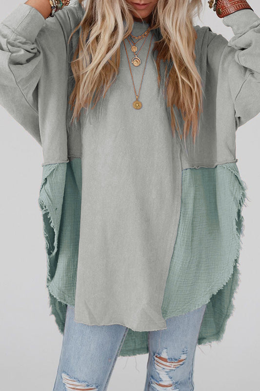 Grey Crinkle Splicing Raw Hem High Low Oversized Blouse