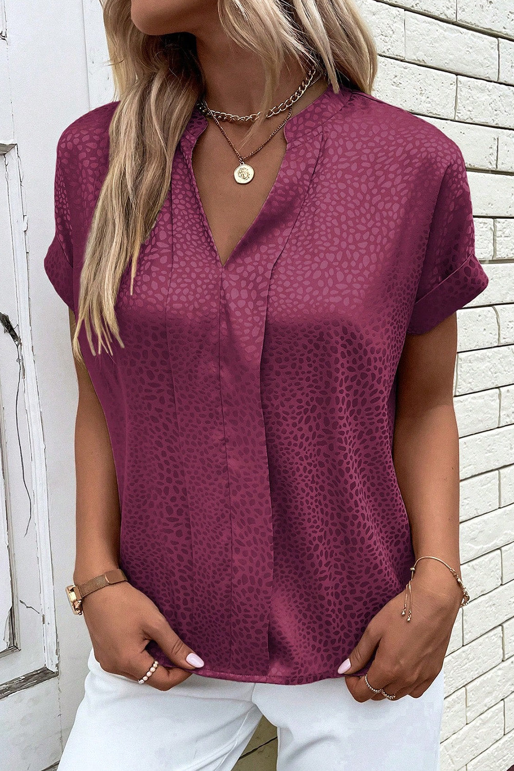 Red Leopard Print Rolled Sleeve V Neck Blouse