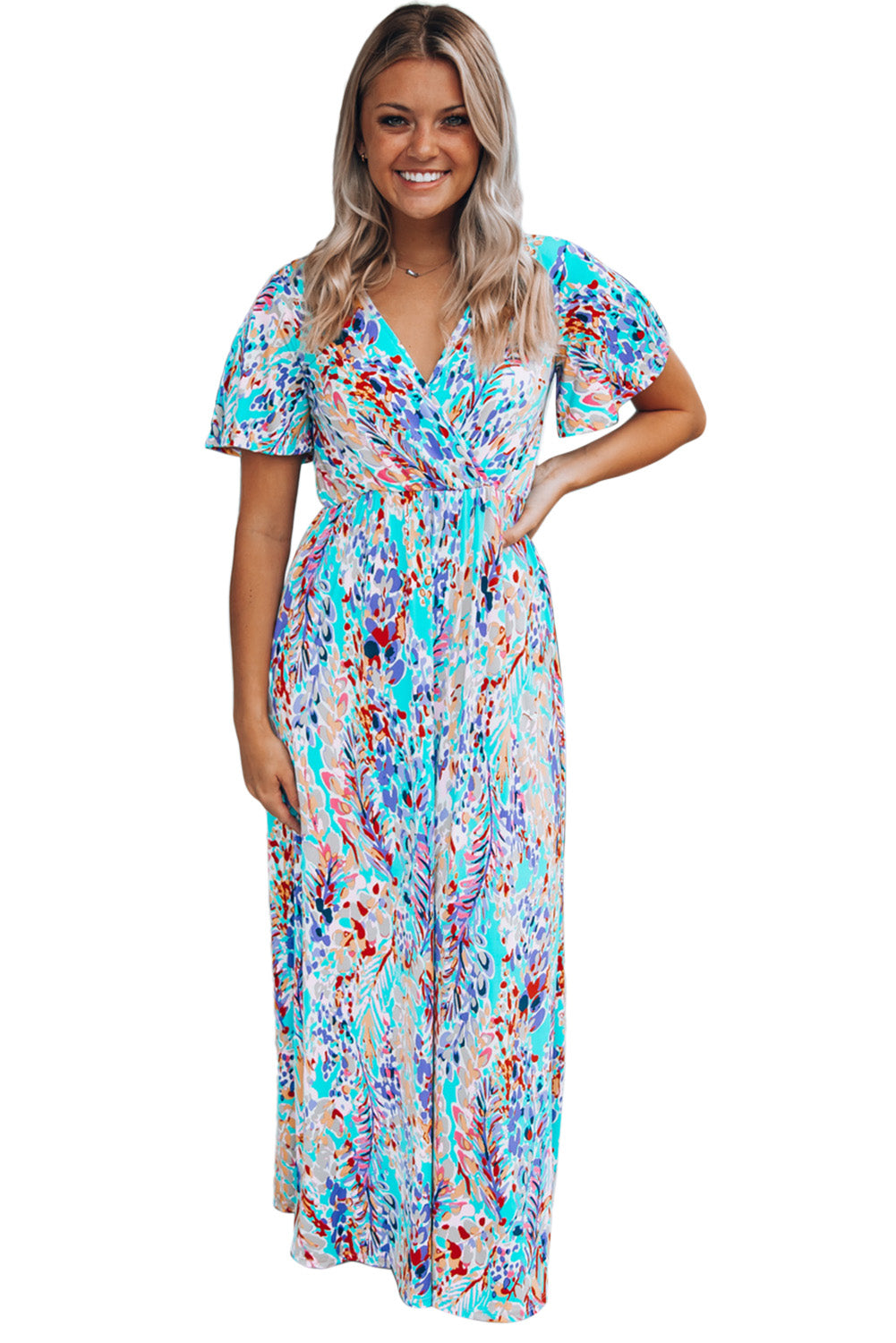 Green Wrap V Neck Floral Maxi Dress