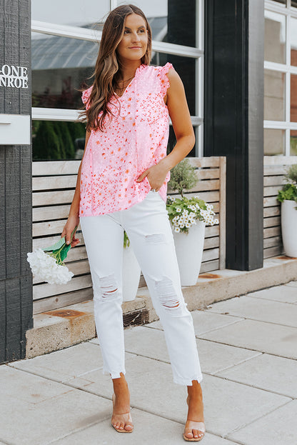 Pink Floral Print Drawstring Frill Trim Sleeveless Top