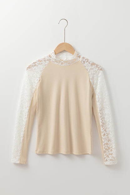 Beige Floral Lace Patchwork Long Sleeve High Neck Slim Top