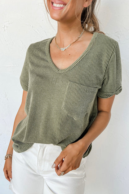 Laurel Green Twist Short Sleeve Corded V Neck Top