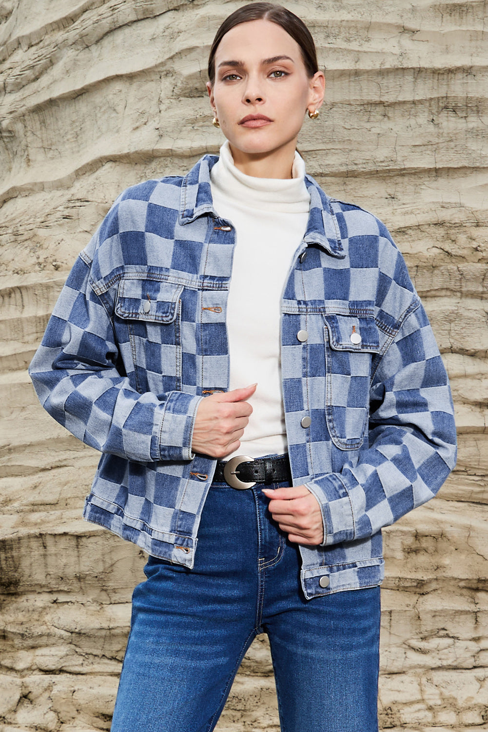 Light Blue Checkered Patchwork Button up Denim Jacket