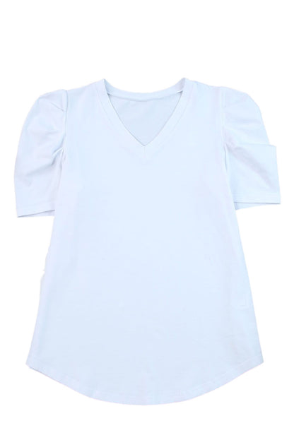 White Puff Sleeve V-Neck T-Shirt