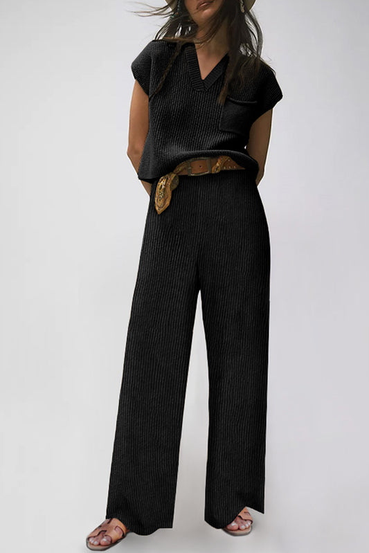 Black Knitted V Neck Sweater and Casual Pants Set