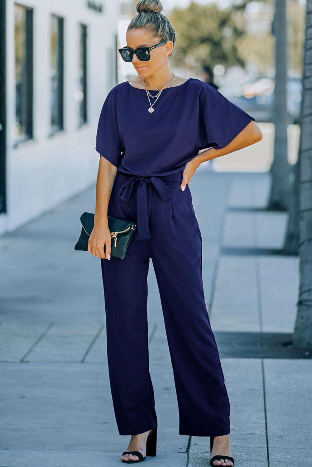 Blue Belted Wide Leg Jumpsuit