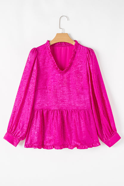 Rose Red Metallic Frilled V Neck Puff Sleeve Babydoll Blouse