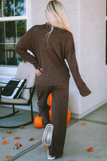 Brown Ribbed Knit Collared Henley Top and Pants Lounge Outfit