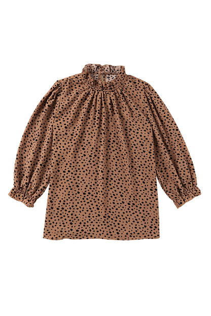 Brown Frilled Neck 3/4 Sleeves Cheetah Blouse