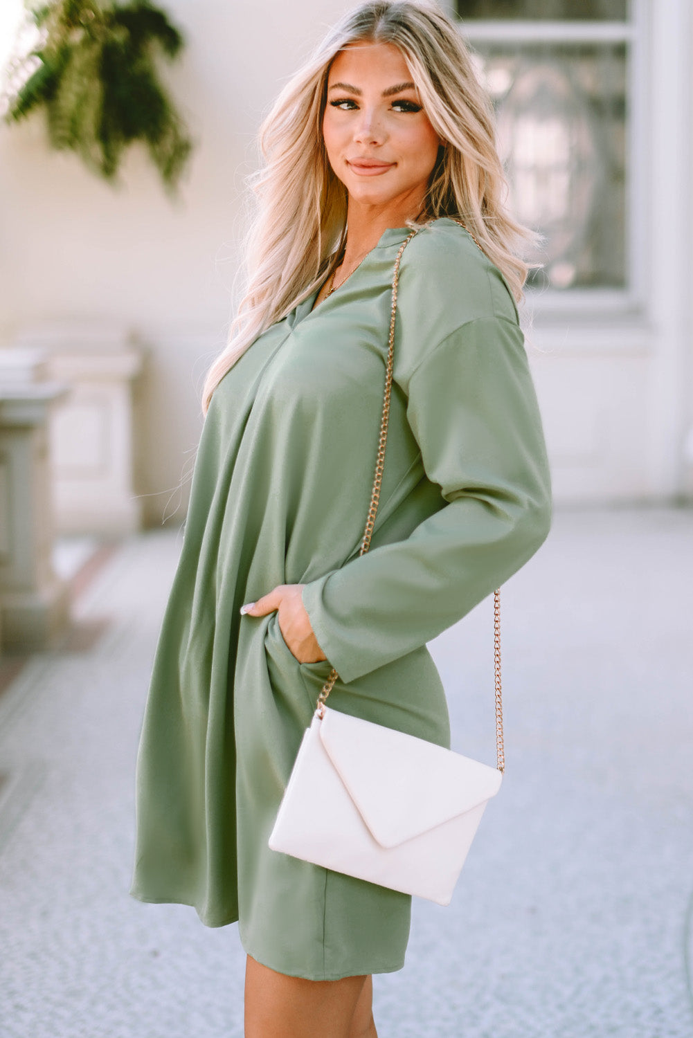 Green Roll-tab Sleeve Flowy Casual Dress