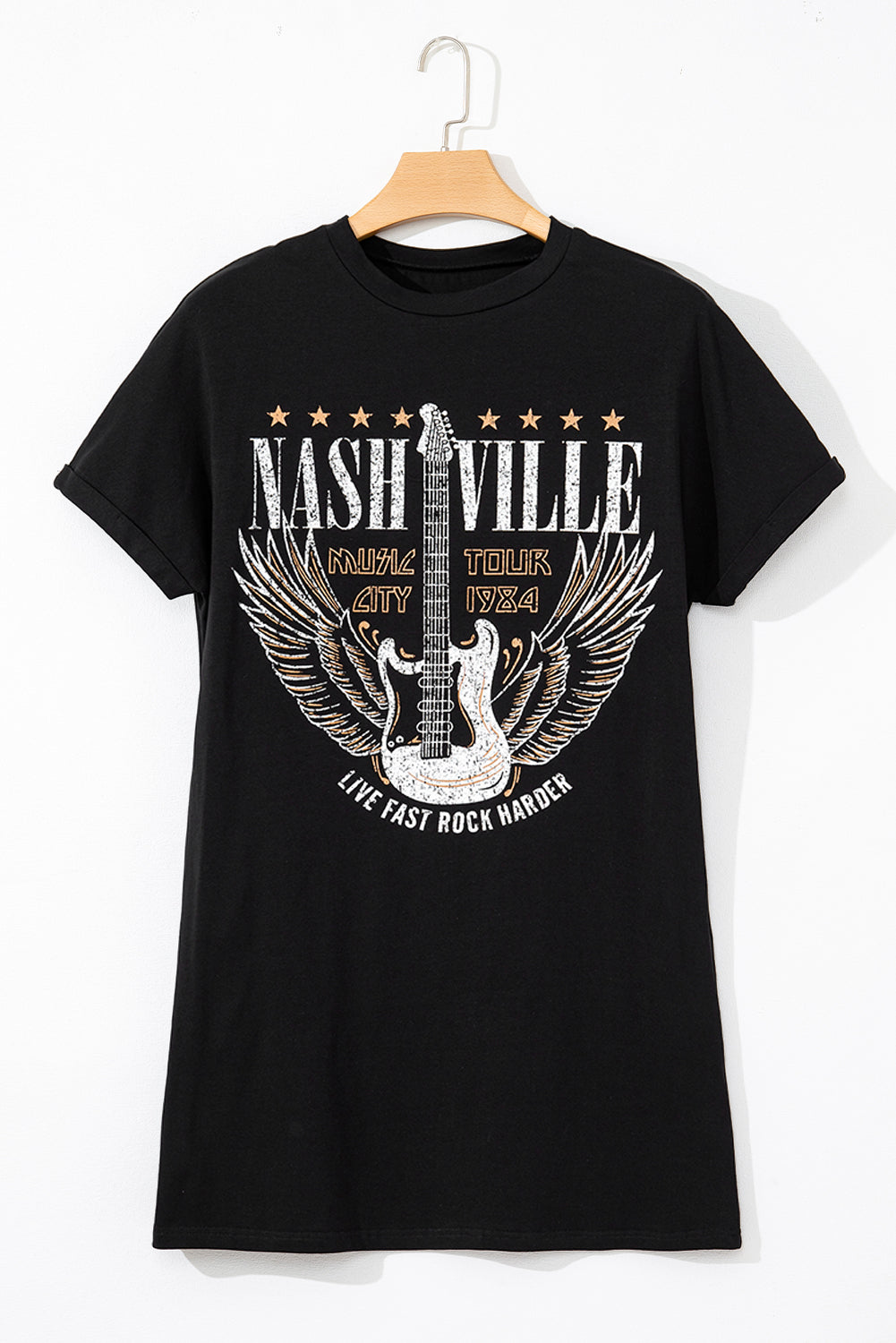 Black Nashville Guitar Print Crew Neck T Shirt Mini Dress