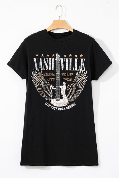 Black Nashville Guitar Print Crew Neck T Shirt Mini Dress