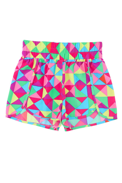 Multicolor Geometric Elastic High Waisted Shorts for Women