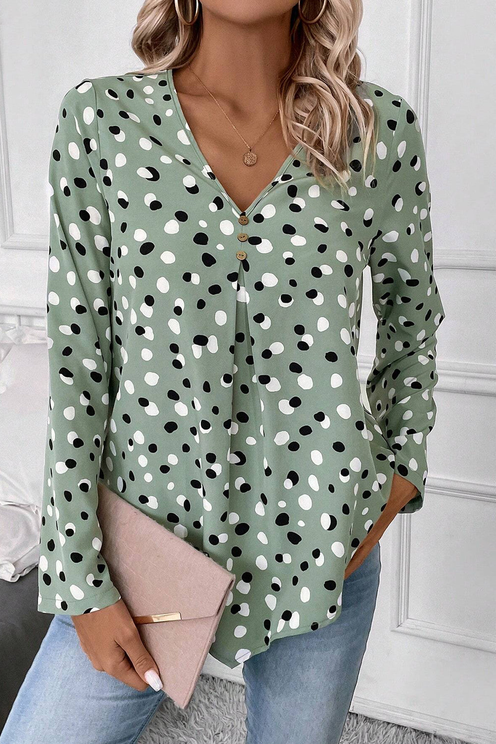 Green Polka Dot Print Button Front V Neck Blouse