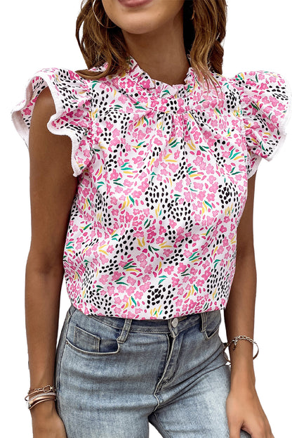 Pink Multicolor Abstract Print High Neck Flutter Sleeves Top