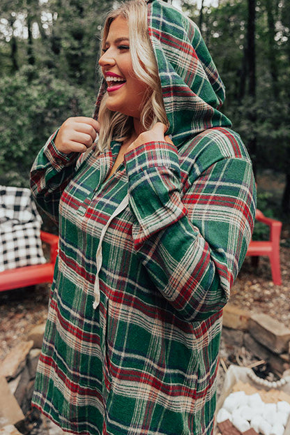 Red Plus Size Plaid Kangaroo Pocket Drawstring Hoodie