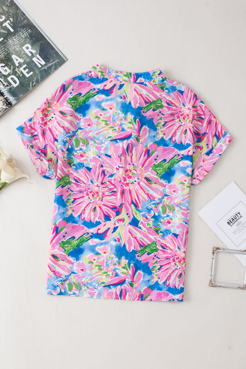 Pink Abstract Floral Print Notch V Neck Rolled Short Sleeve Blouse