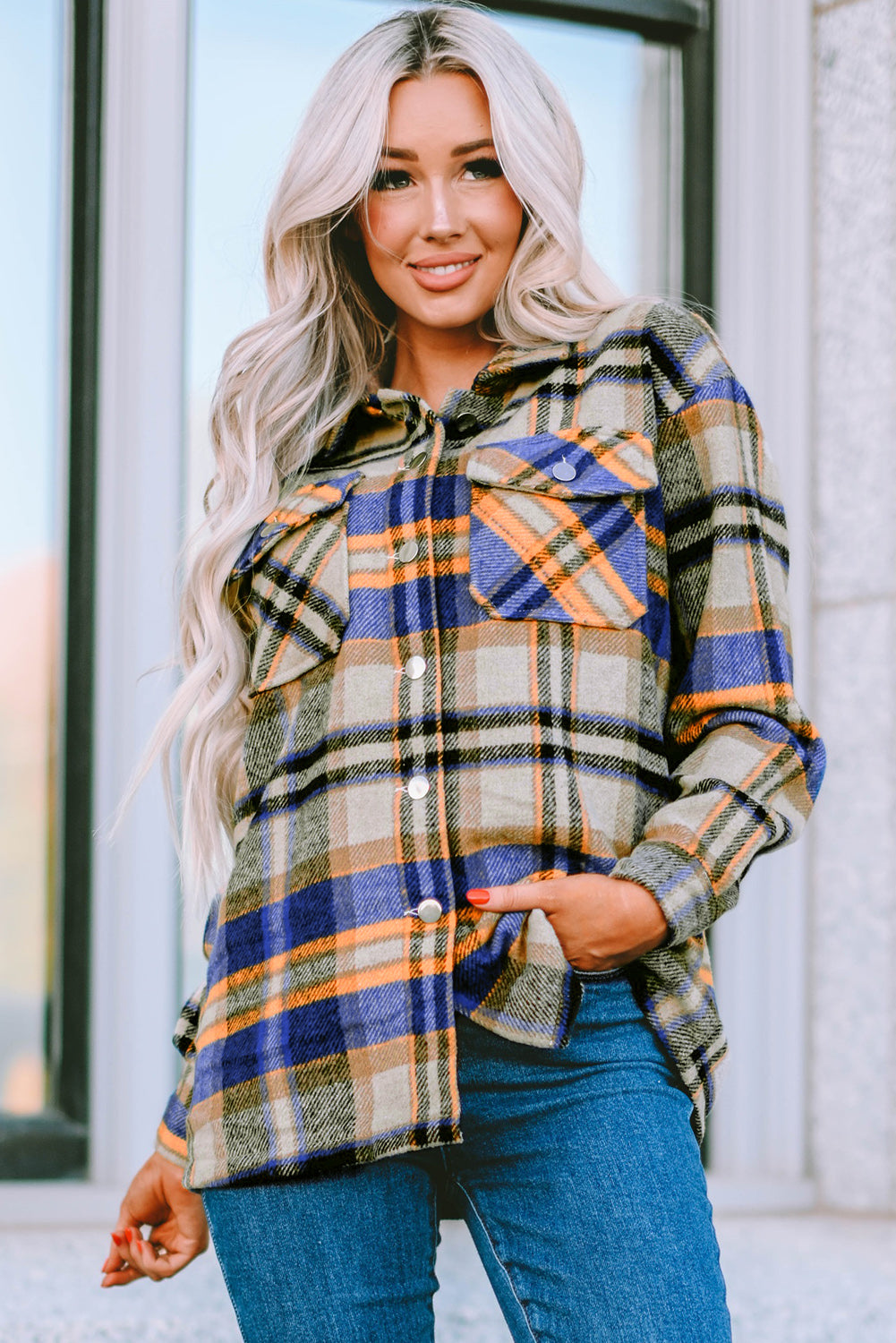 Khaki Plaid Print Casual Button Up Pocket Shacket